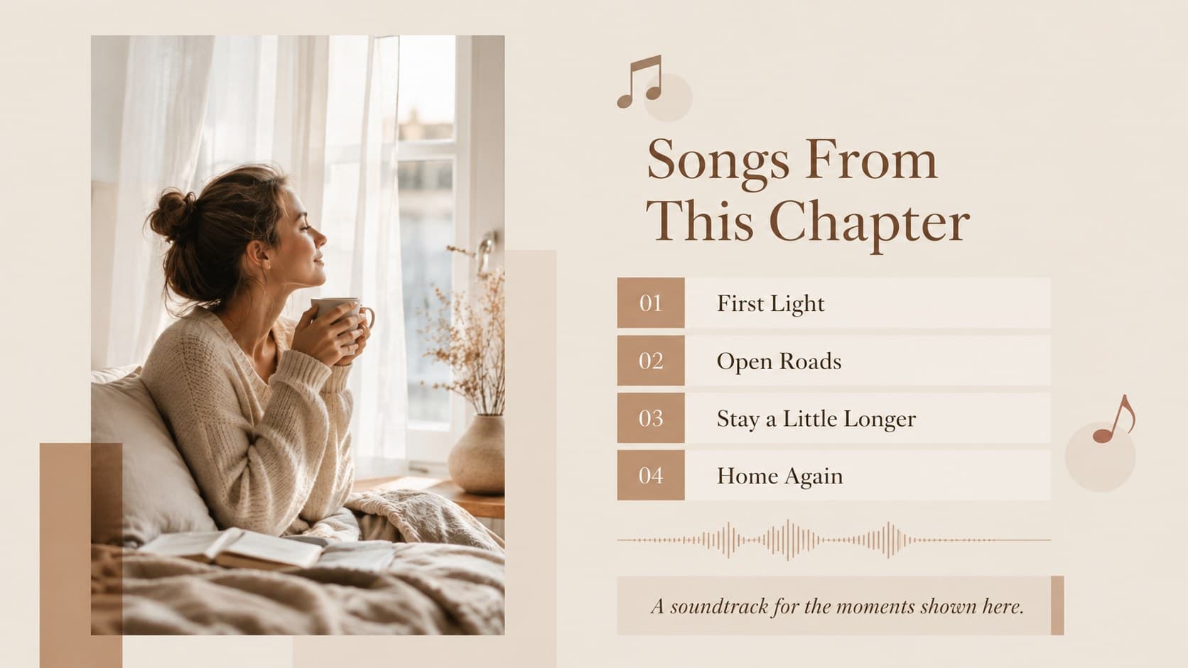 Music-themed photo story slide listing a personal soundtrack beside a warm neutral photograph.