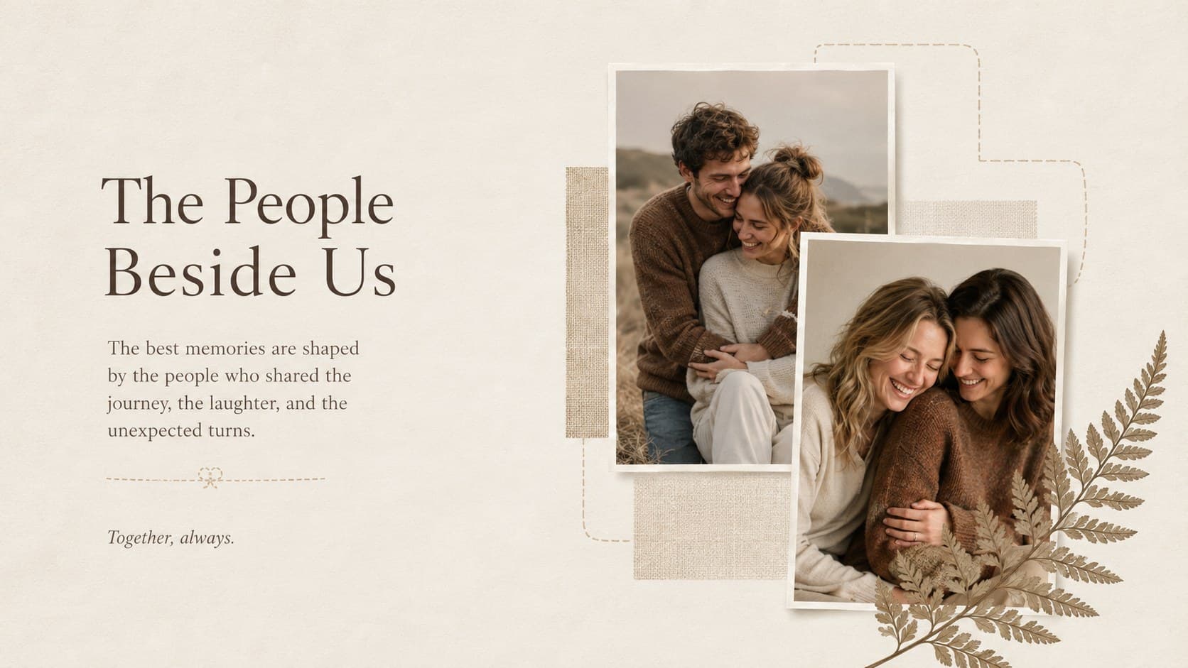 Minimal family memory slideshow page with original portraits and affectionate descriptive captions.