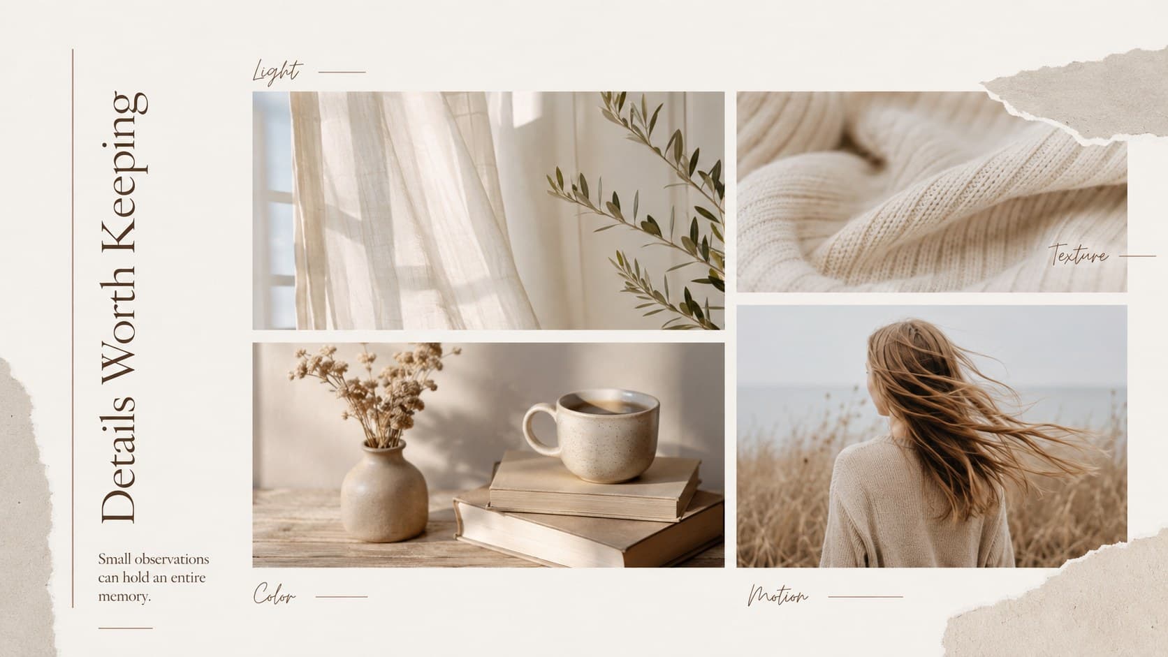 Neutral photography portfolio slide presenting four close-up details in an editorial grid.