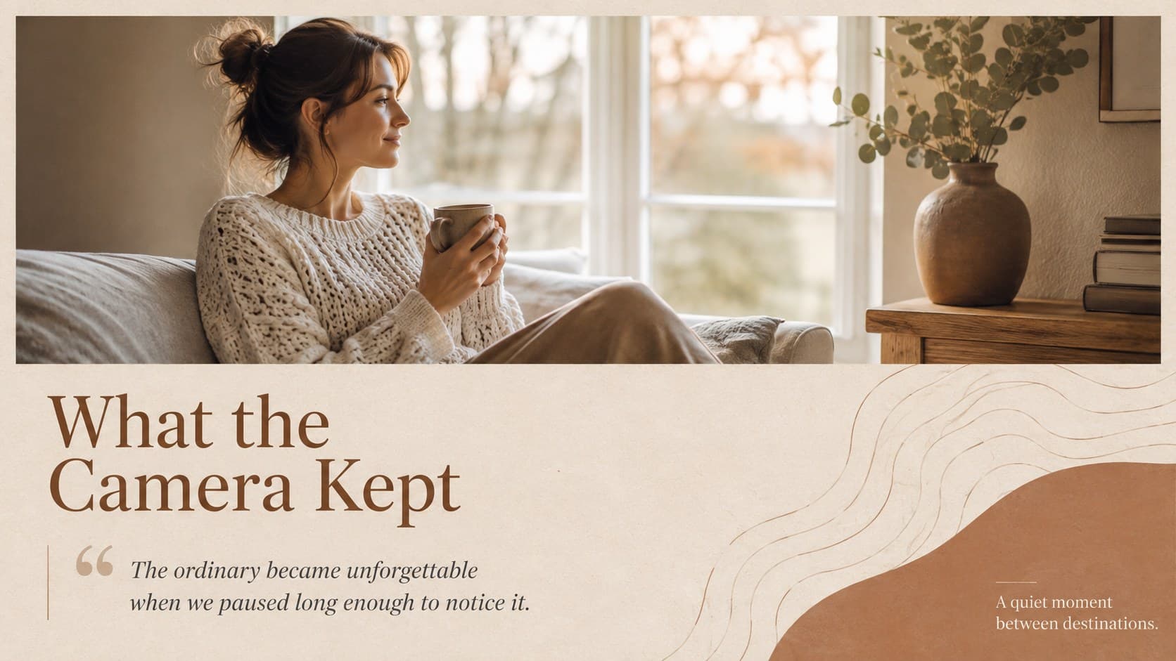 Beige musical memories slideshow page pairing a full-width photograph with a reflective quotation.