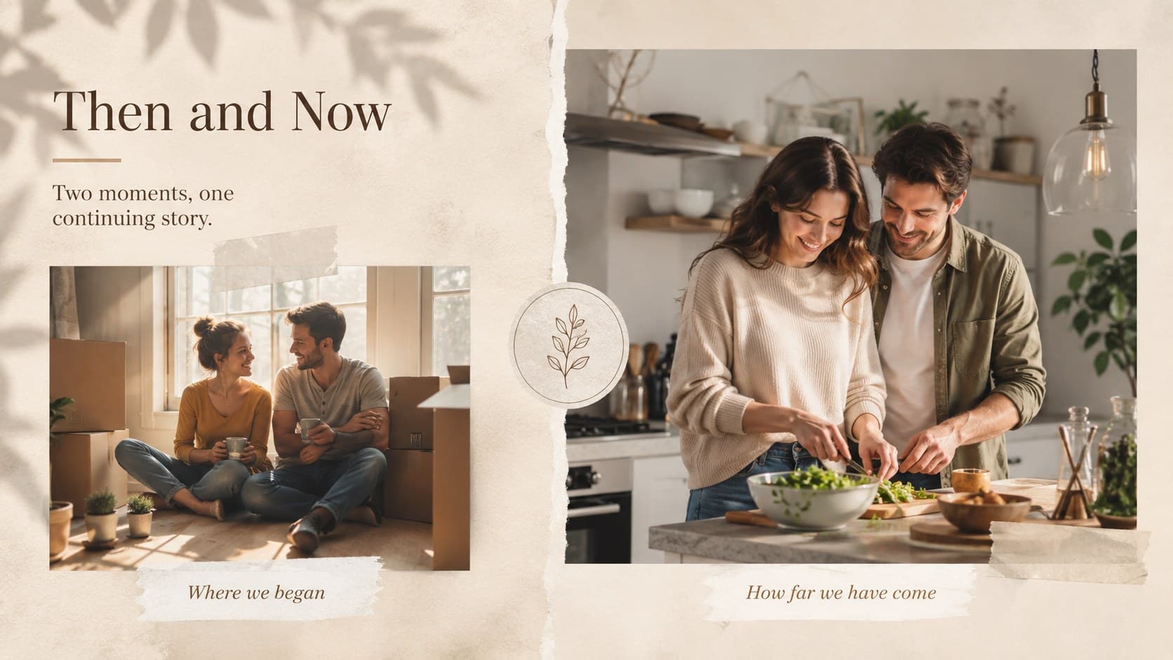 Before-and-after personal milestone slide with paired photographs in a beige editorial design.