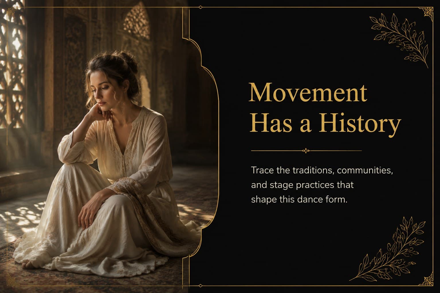 Belly dance cultural history slide showing gold-framed imagery beside concise historical context.