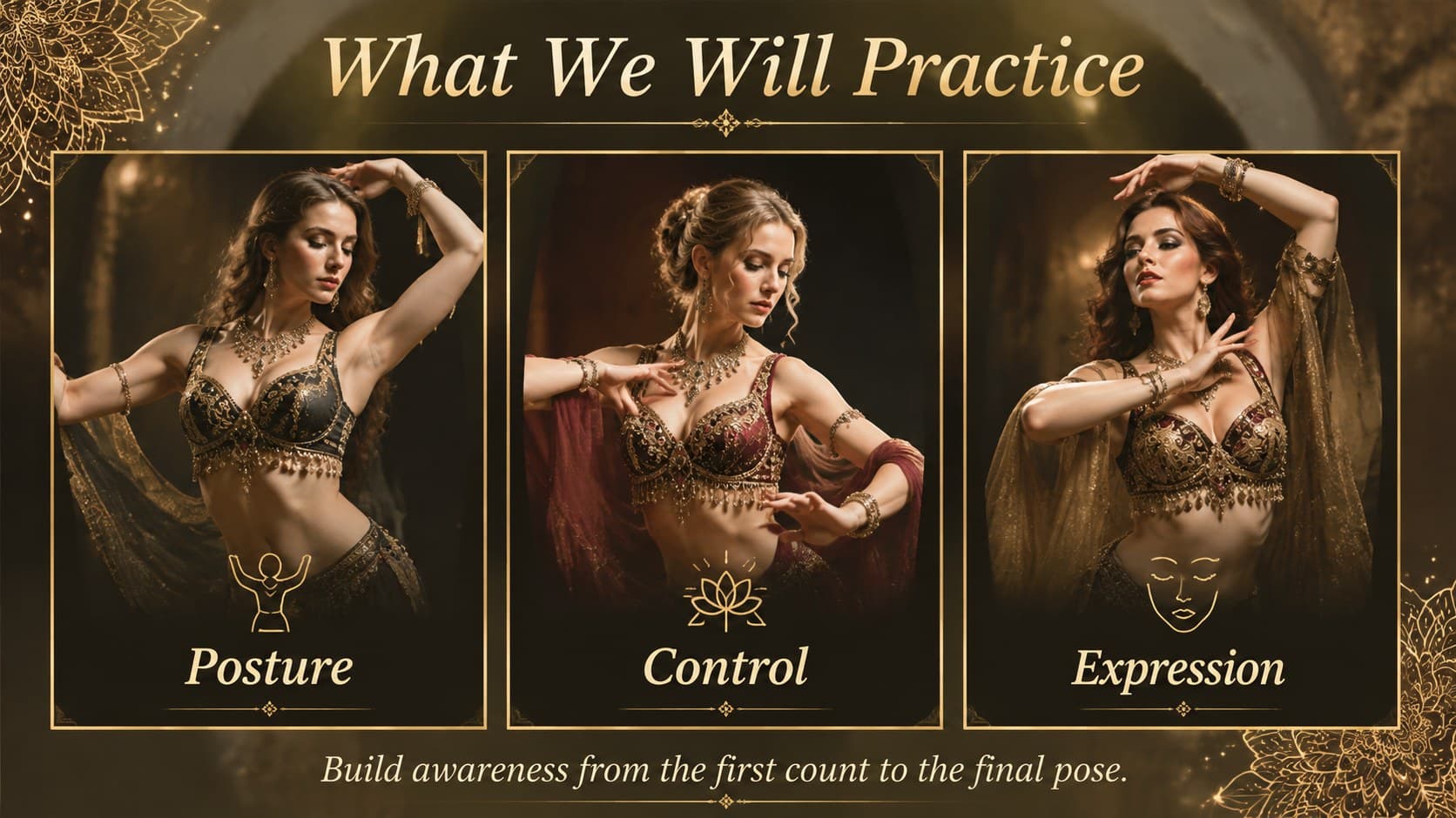 Dance class objectives slide with golden icons, a dark backdrop, and clear learning goals.