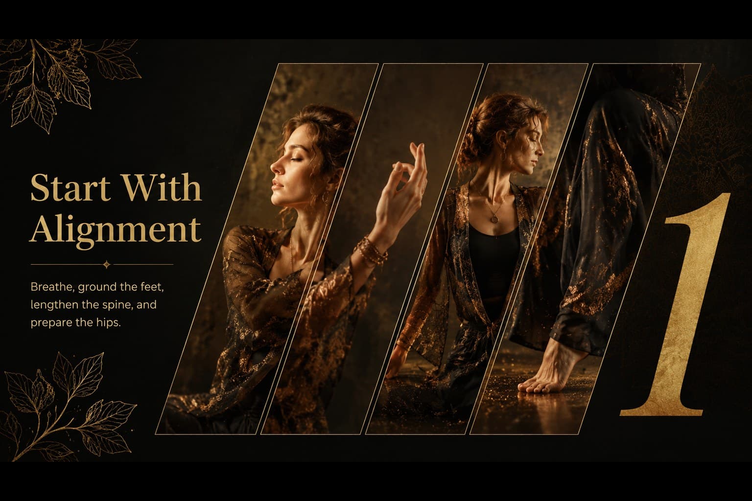 Belly dance warm-up sequence slide with numbered movement steps and gold editorial accents.