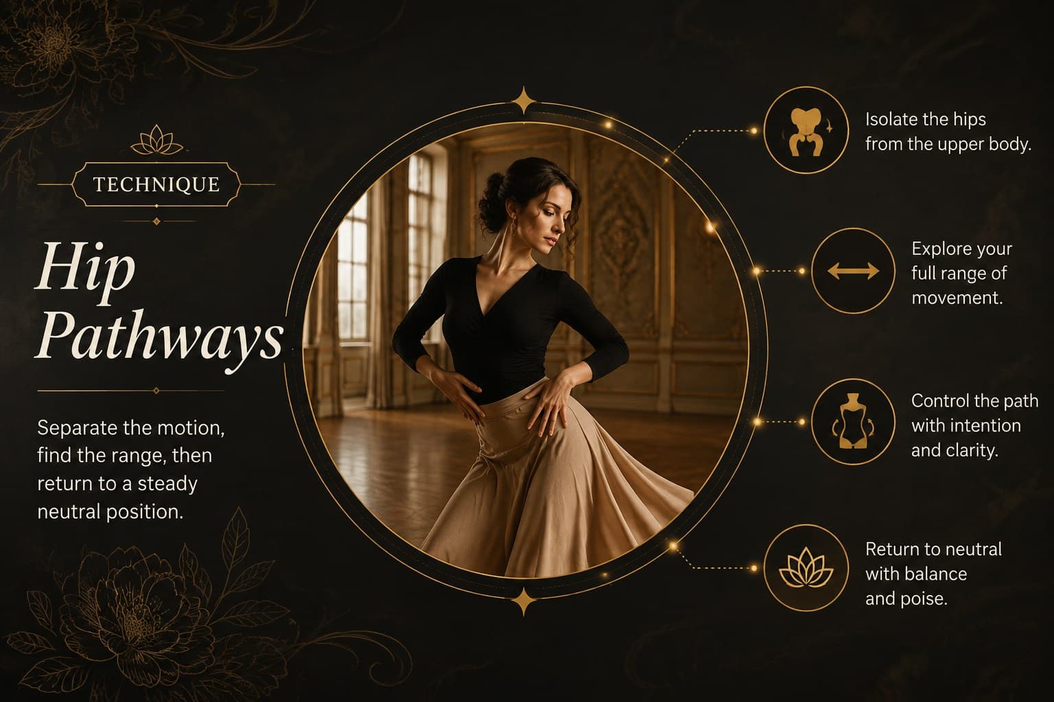 Belly dance technique lesson slide explaining hip movement with a gold-framed instructional image.