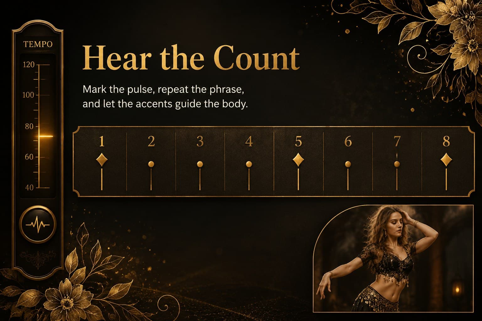 Rhythm practice slide for a belly dance workshop with a gold beat grid and movement prompts.