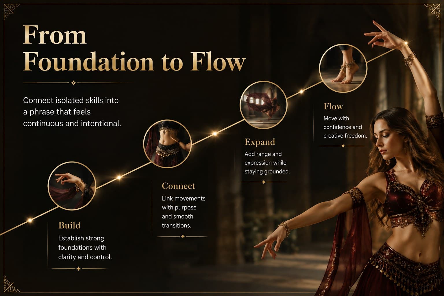 Dance workshop progression slide showing a gold timeline from foundation to expressive performance.