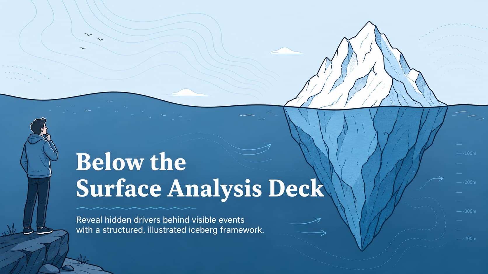 Cover of the Below the Surface Analysis Deck featuring a blue illustrated iceberg and hidden layers beneath the water.