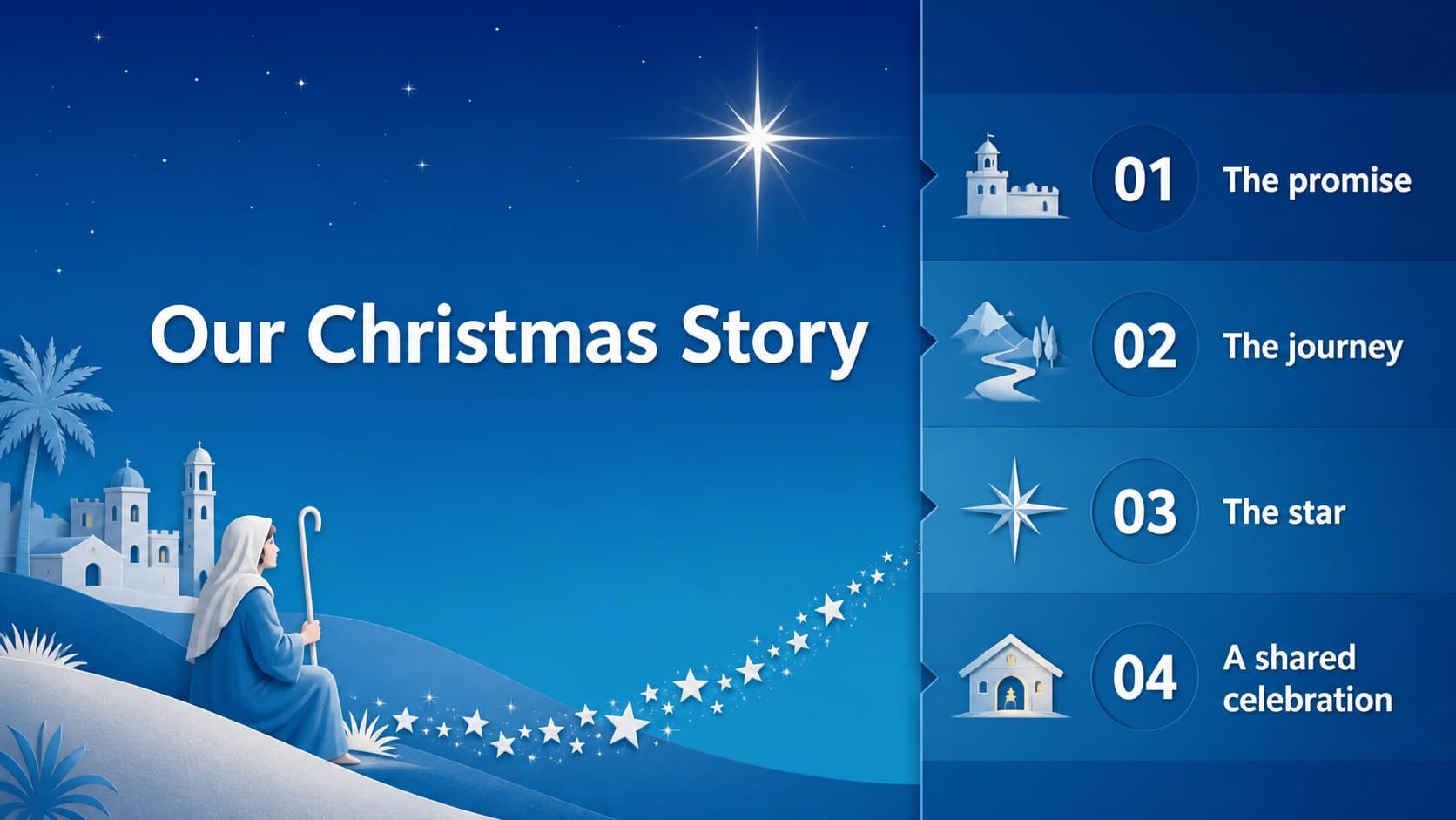 Agenda slide outlining a peaceful Christmas story presentation in a blue paper-art design.
