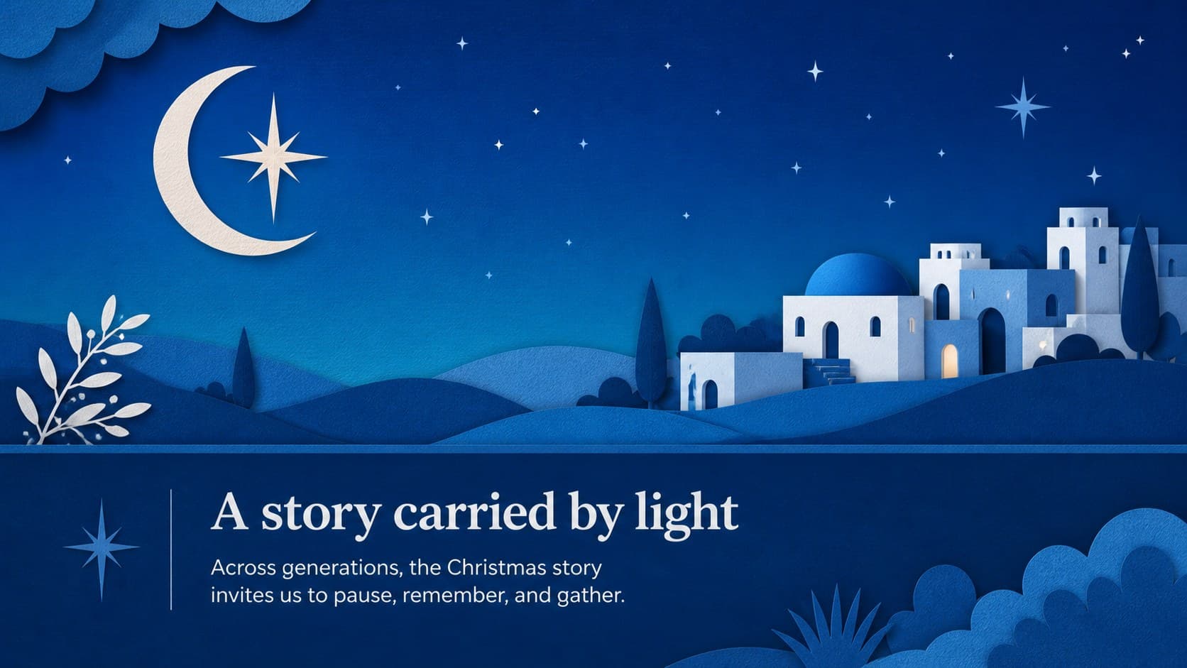 Opening message slide for a blue paper-art Christmas story presentation.