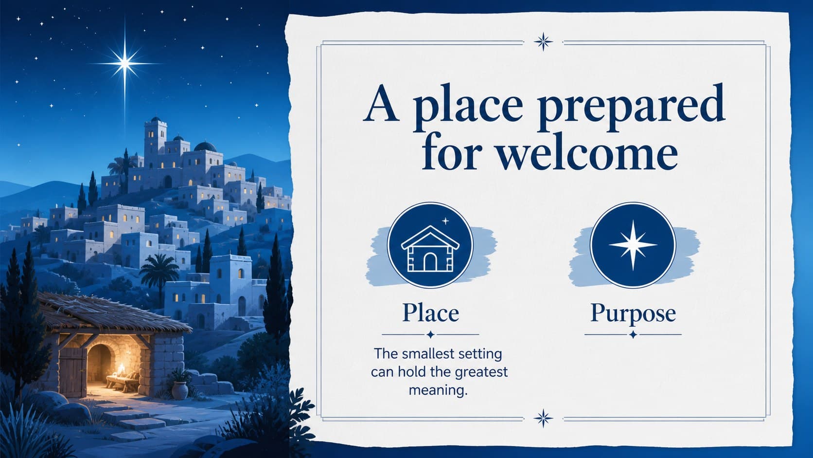 Story detail slide with a Bethlehem landscape and editable text in a blue paper-art layout.