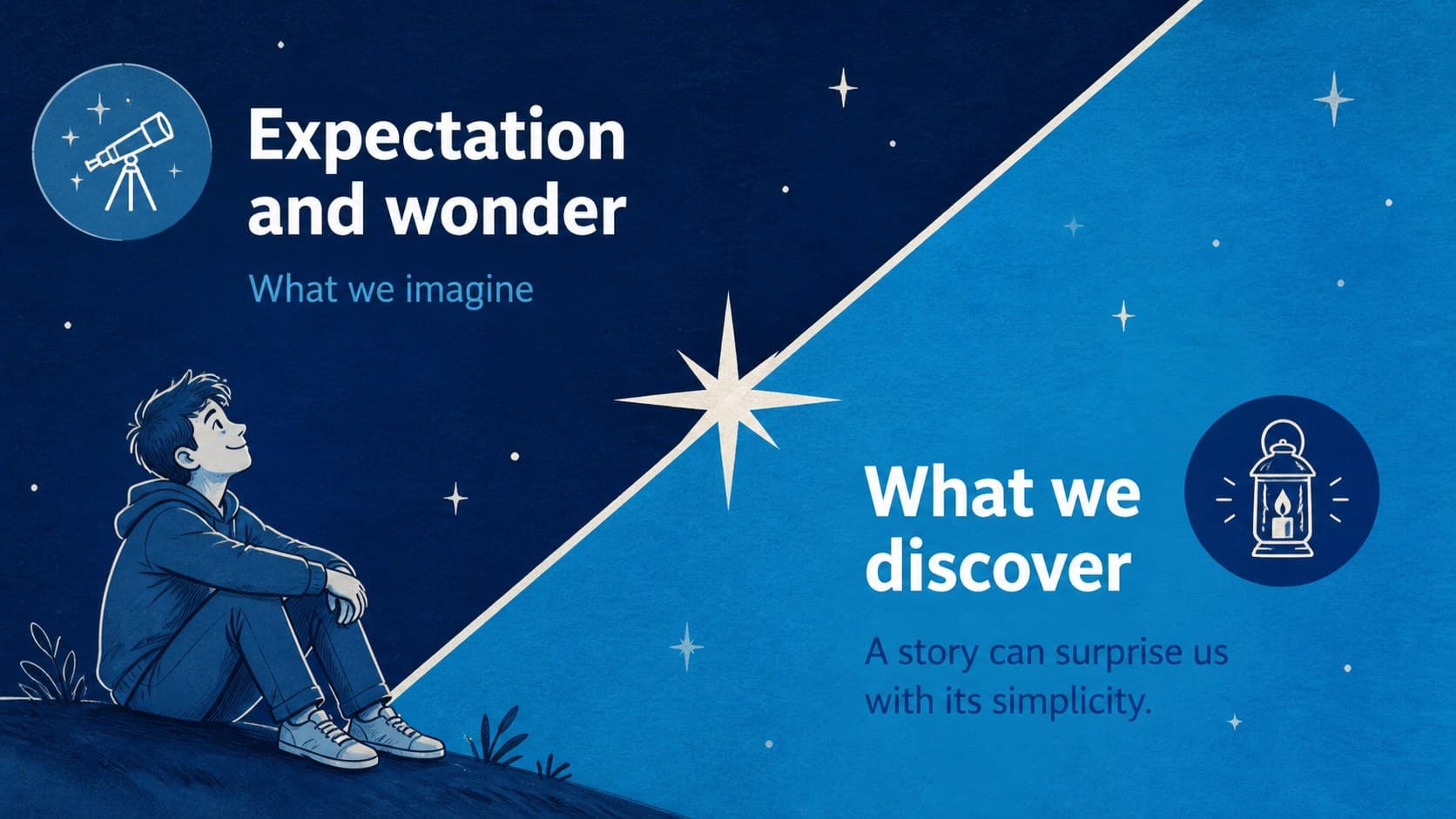Two-column comparison slide contrasting expectation and wonder in a Christmas story deck.
