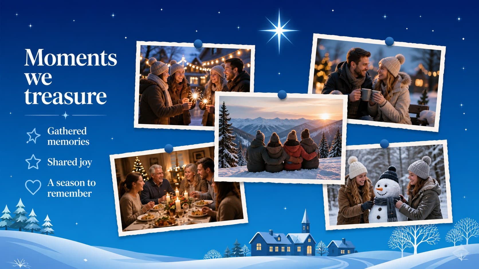Photo collage layout for sharing Christmas memories in a blue paper-art presentation.