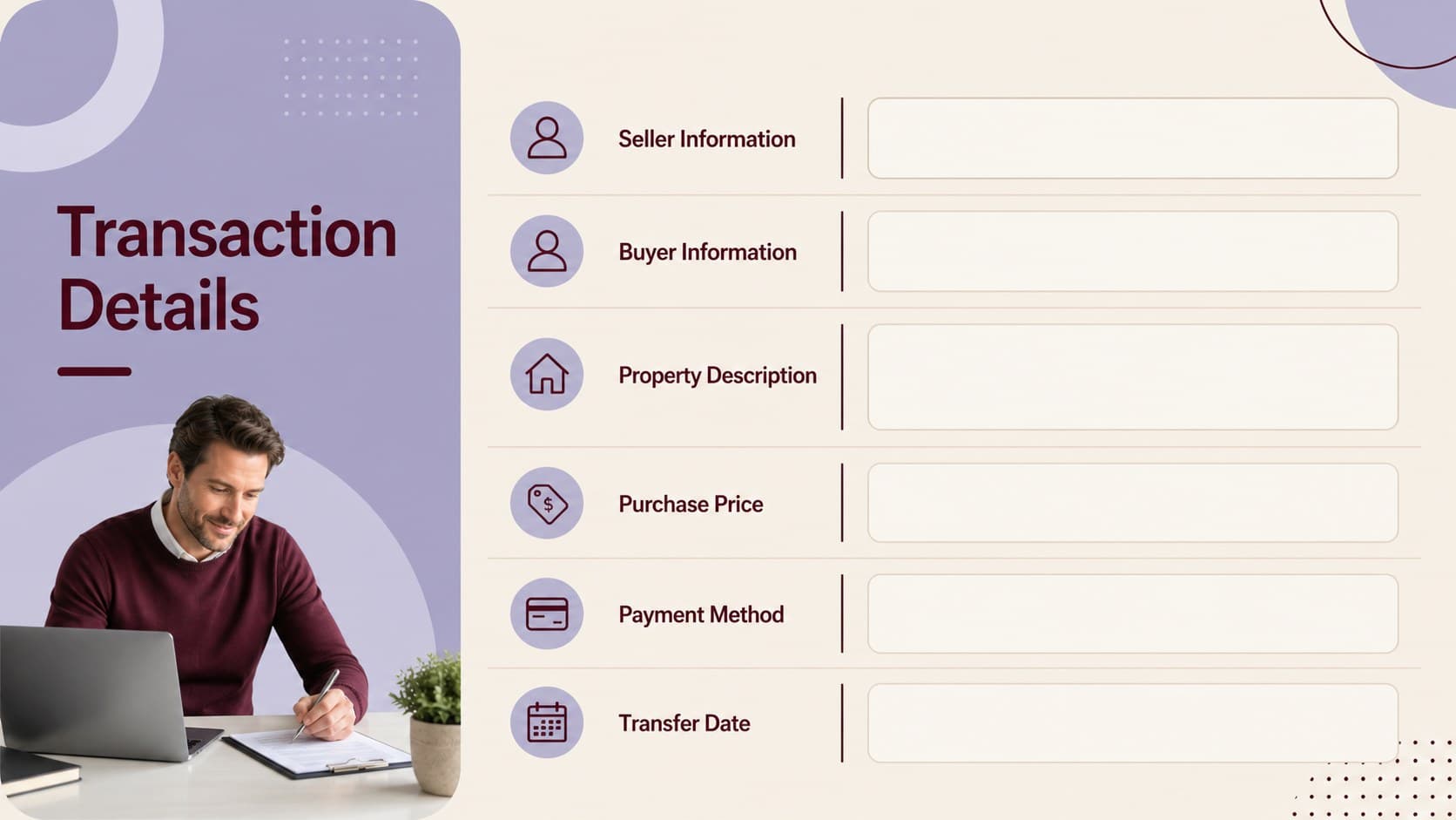 Transaction details slide showing organized buyer, seller, property, and payment fields for an editable sales document.