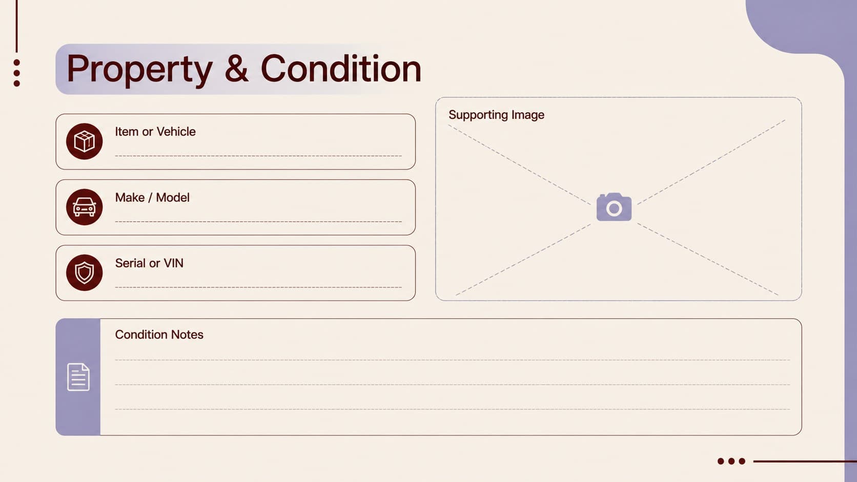 Property information slide presenting item condition, identification details, and supporting image space for a private sale record.