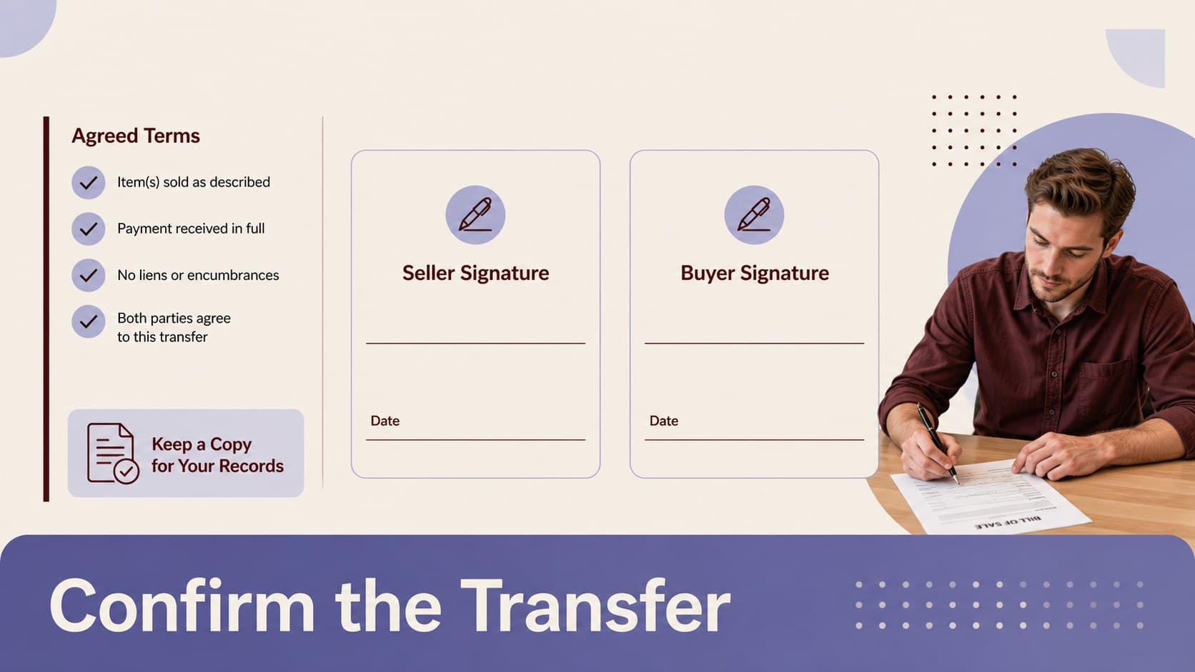 Finalization slide showing signatures, agreed terms, and a completed transaction record in a beige and purple document layout.