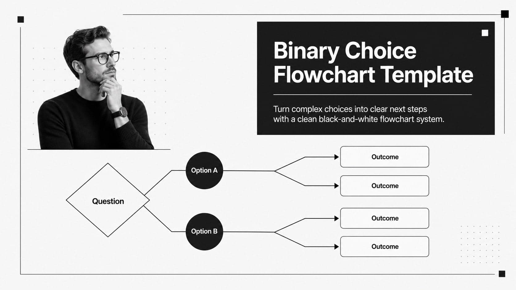 Minimal black-and-white cover slide presenting a binary choice flowchart template with a branching decision path.