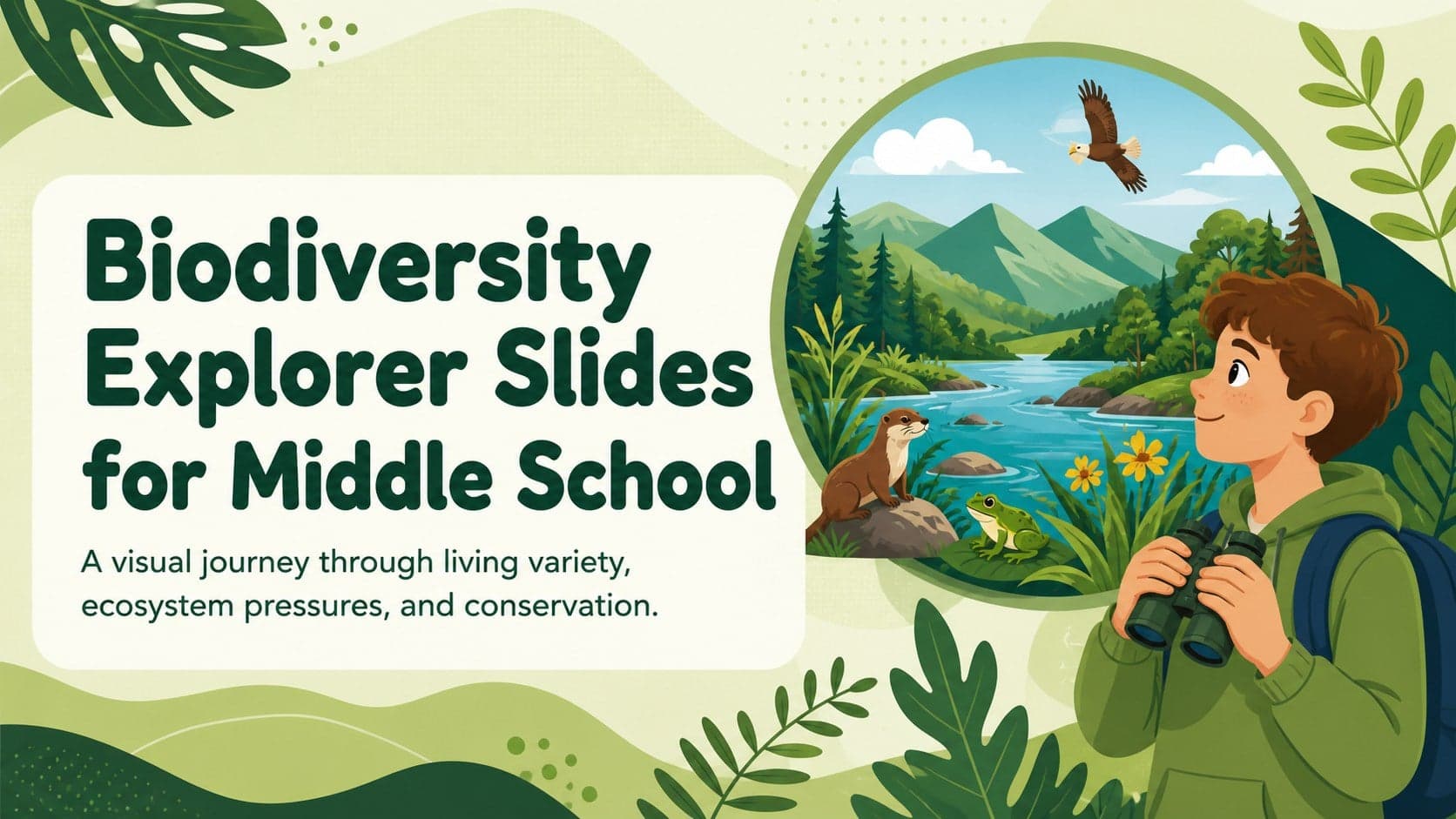 Colorful green cover for Biodiversity Explorer Slides for Middle School with original wildlife and plant illustrations.