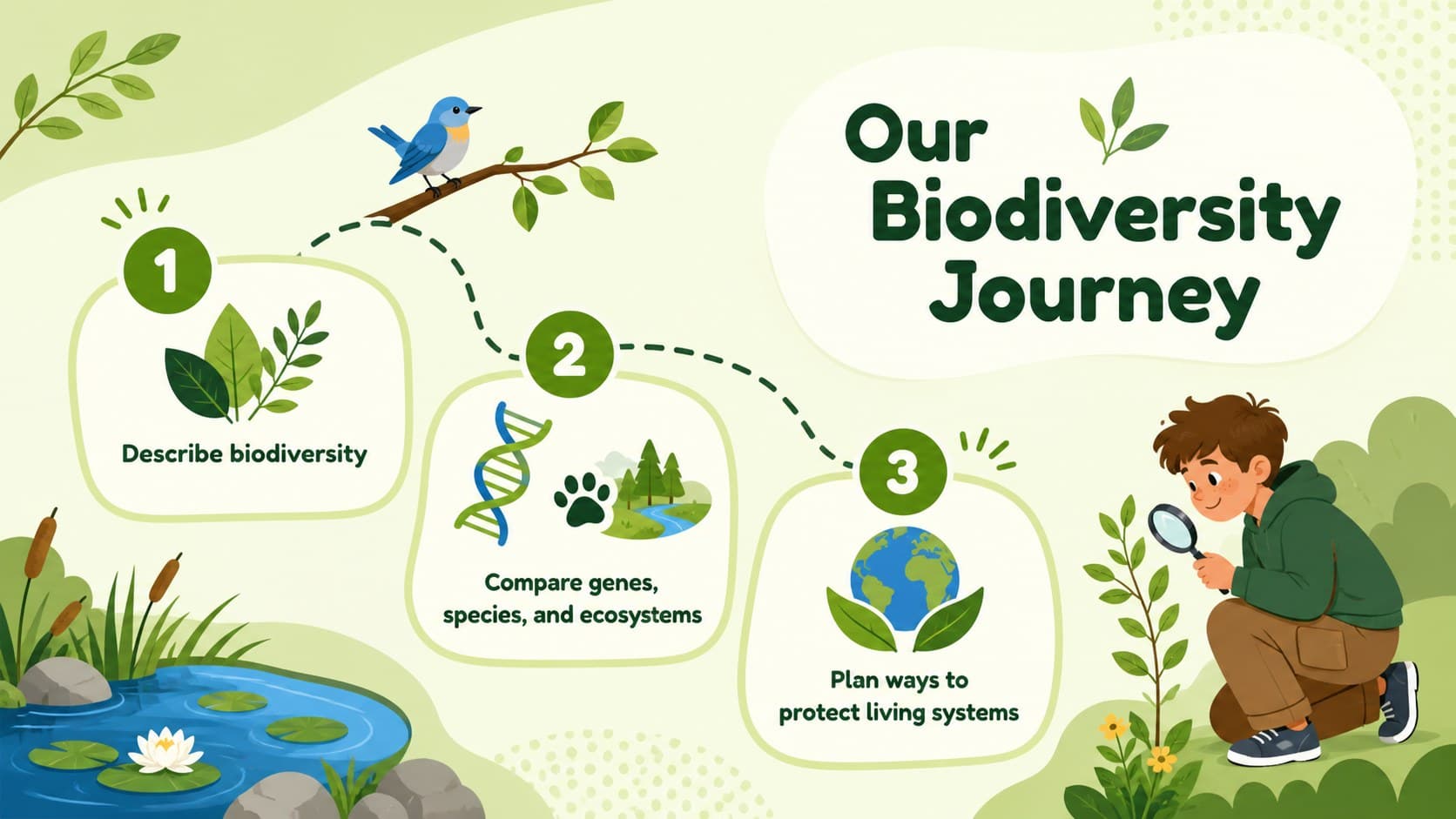 Middle school biodiversity lesson goals arranged around colorful ecosystem icons.