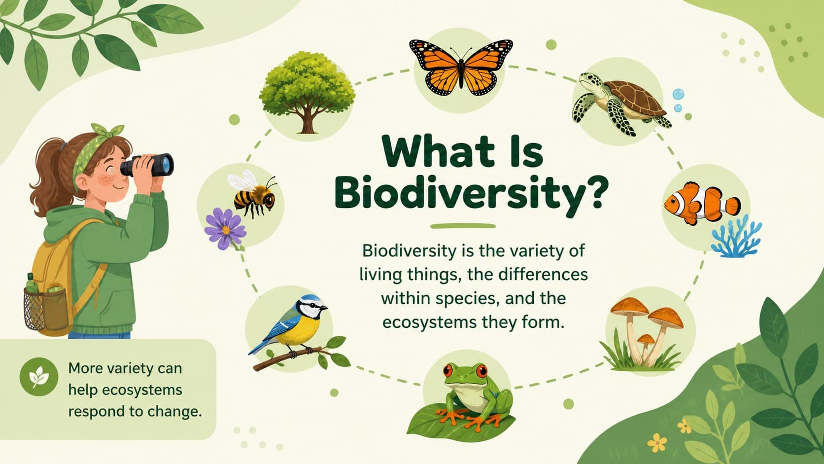 Illustrated biodiversity definition slide for middle school science students.