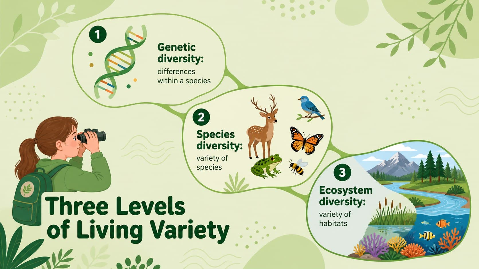 Three levels of biodiversity diagram covering genes, species, and ecosystems.