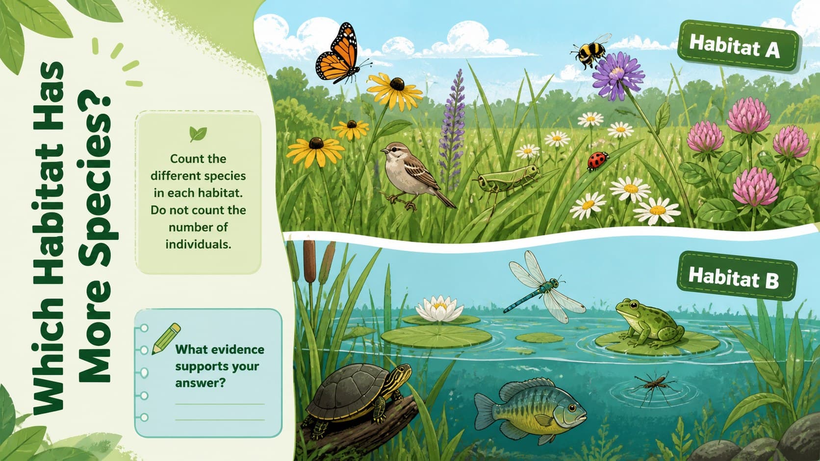 Species diversity classroom activity comparing organisms in two habitats.