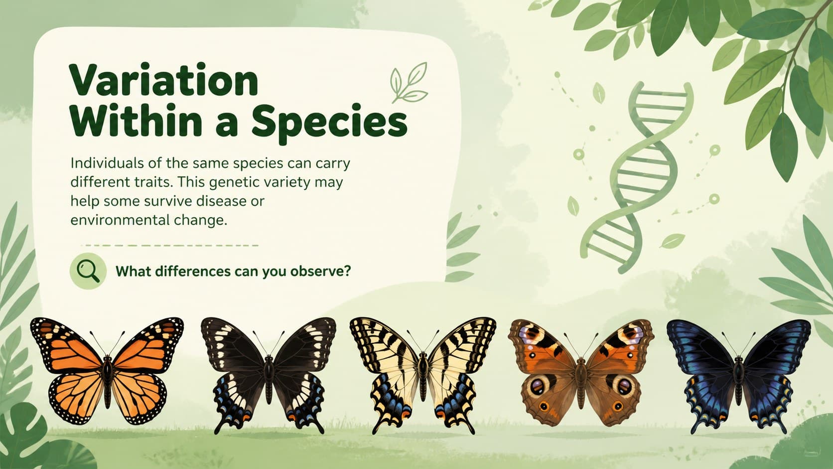 Genetic diversity lesson slide showing variation within one butterfly species.