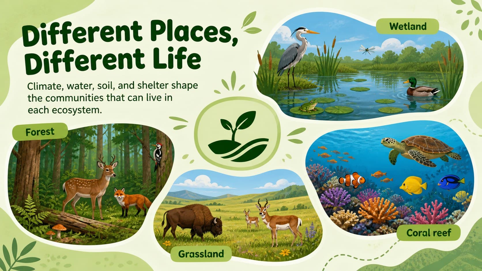 Ecosystem diversity lesson slide featuring forest, wetland, grassland, and reef habitats.
