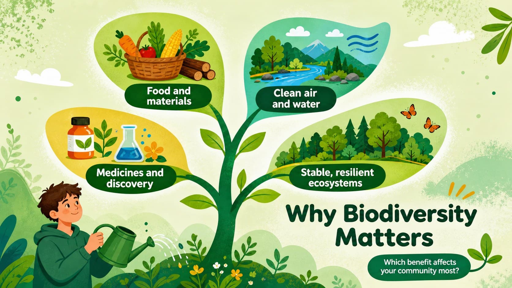 Biodiversity benefits infographic showing food, clean water, medicine, and resilient ecosystems.