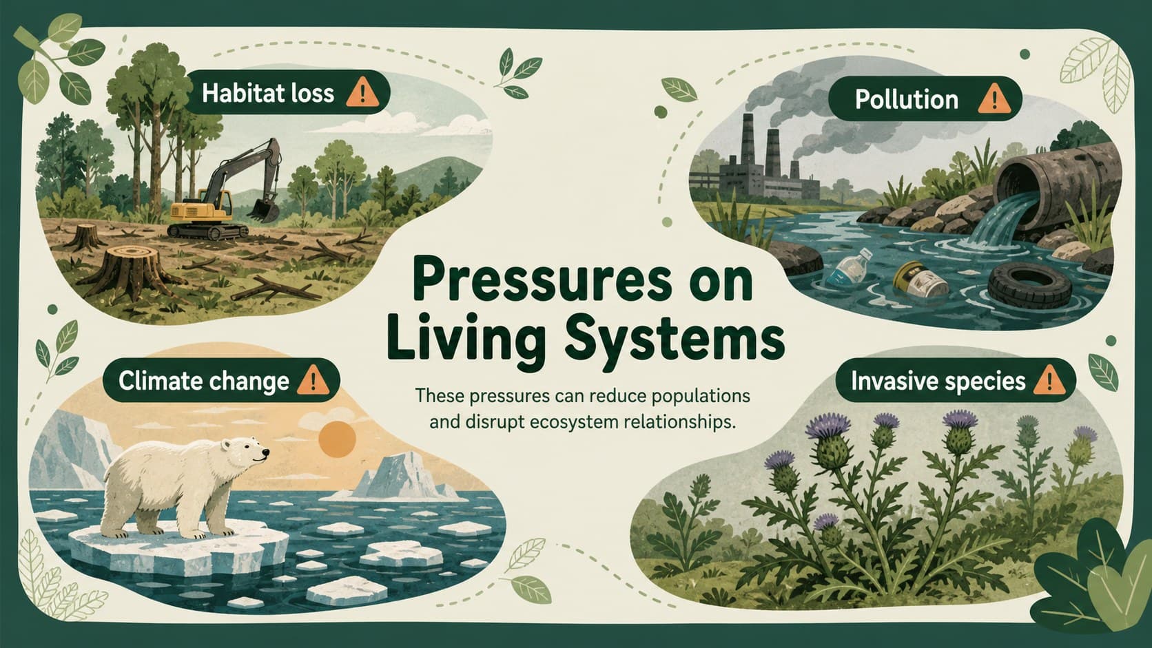 Biodiversity threats classroom presentation with habitat loss, pollution, climate change, and invasive species.