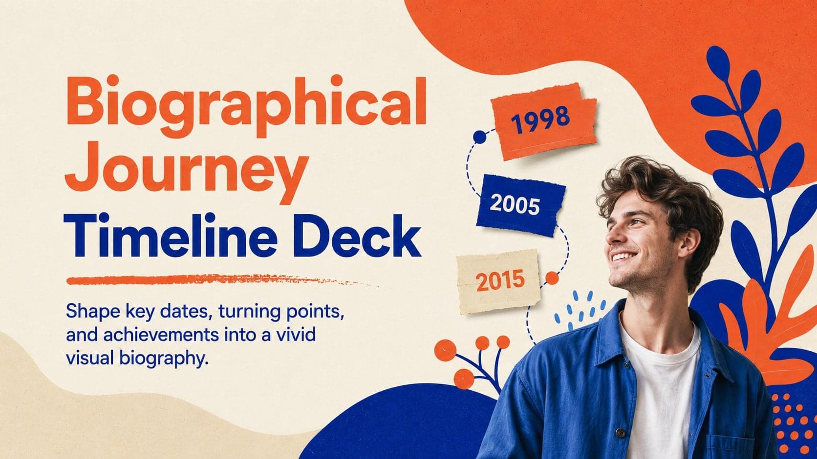 Cover of the Biographical Journey Timeline Deck with an orange and blue scrapbook-style portrait layout.