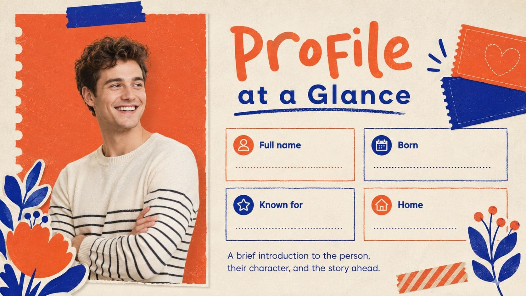 Profile at a Glance biography slide featuring a portrait, identity details, and a short personal summary.