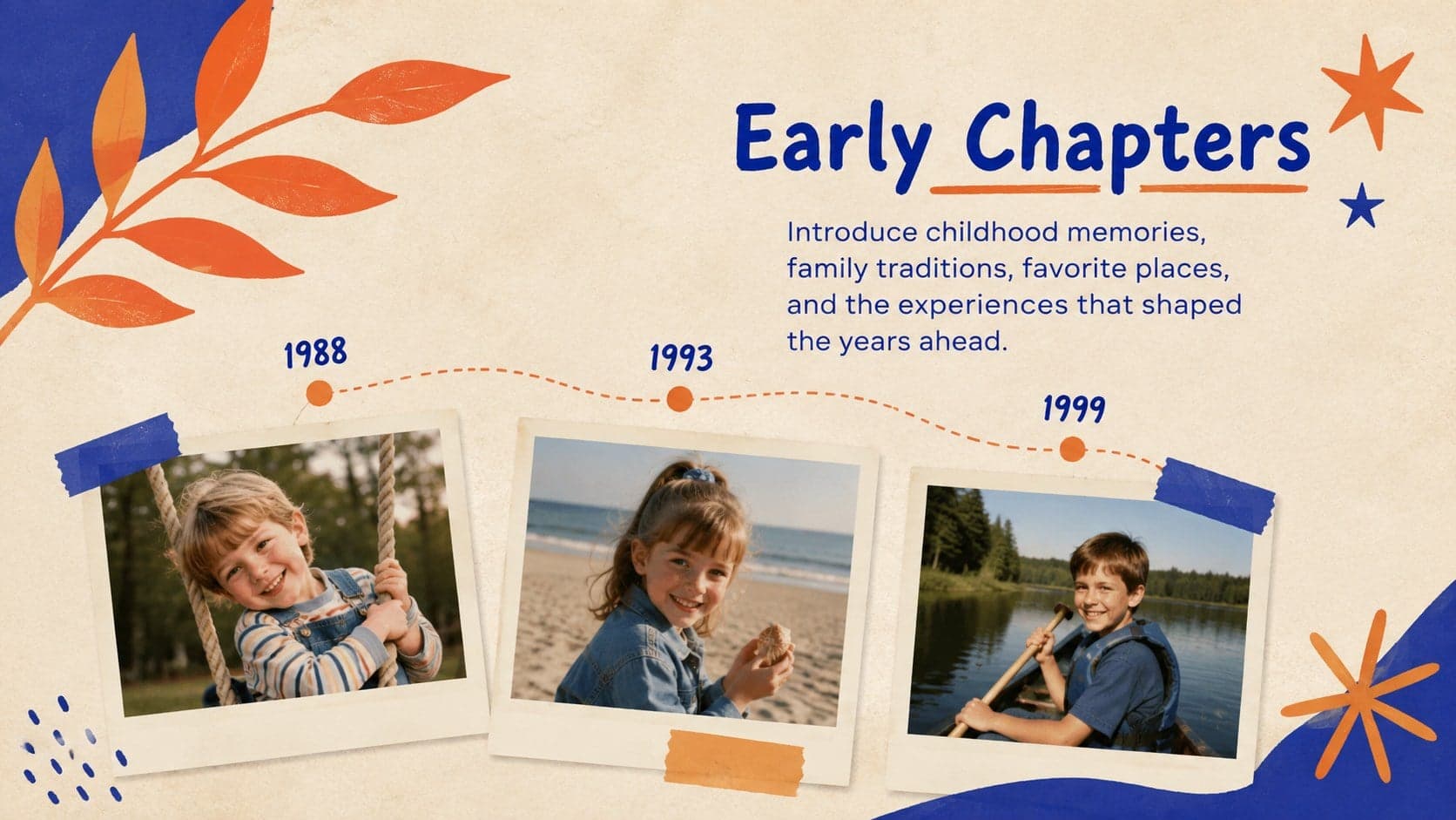 Early Chapters life story slide with childhood milestones, dates, and family photographs.
