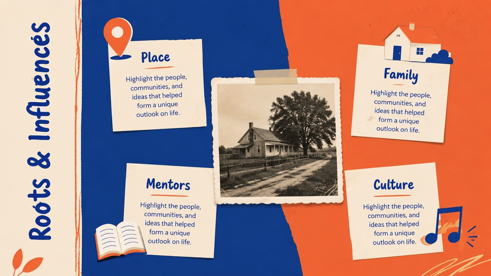 Roots and Influences family history slide showing formative people, places, and values.