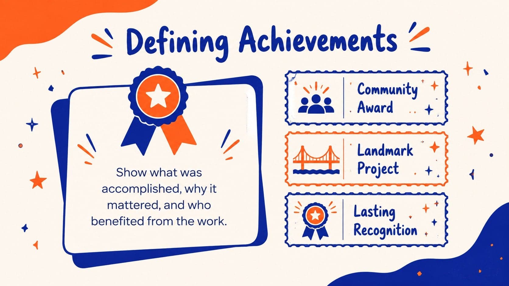 Defining Achievements personal milestone slide with awards, accomplishments, and project highlights.