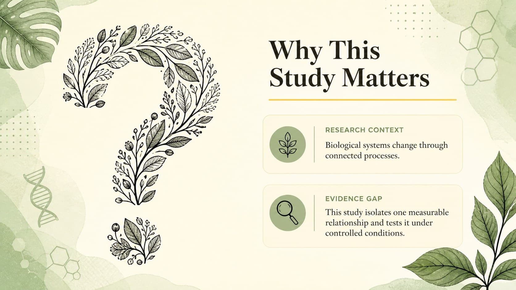 Research context slide for a biology research defense presentation showing a large question and supporting scientific observations.