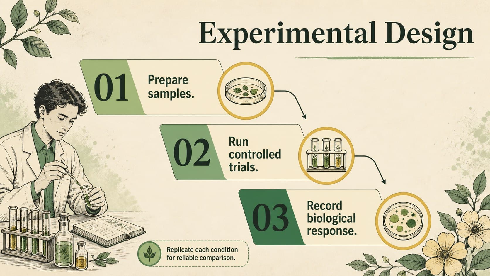 Experimental design slide for a life science thesis presentation showing a three-stage study workflow.