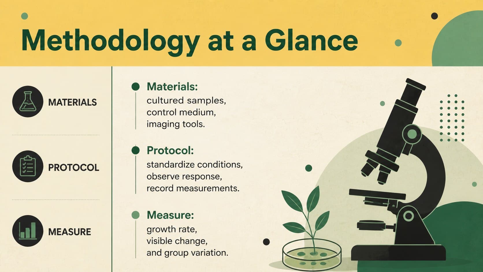 Research methodology slide with a clean two-column layout for materials, protocol, and measurement details.