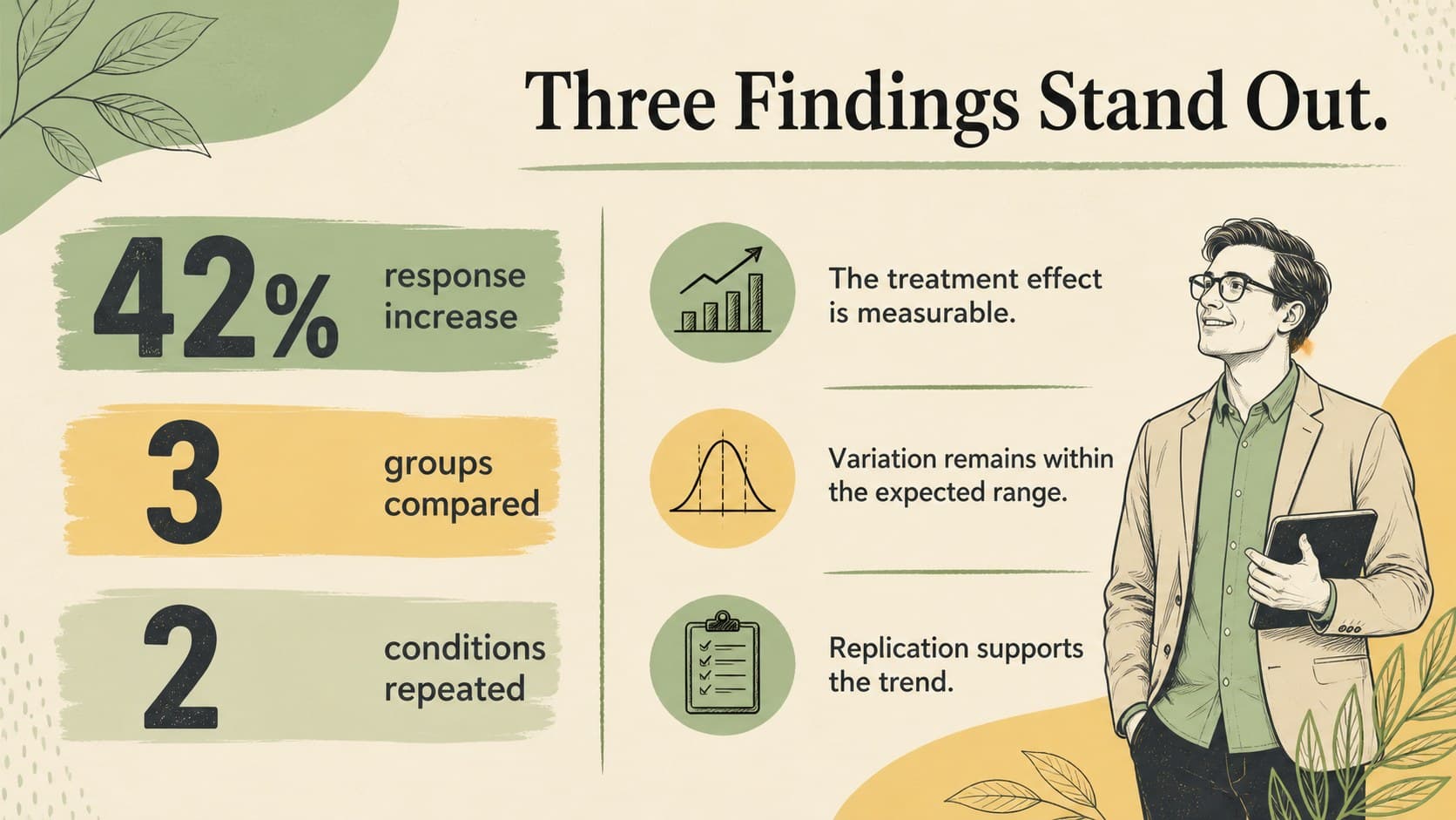 Biology experiment results slide showing three key findings with bold numerical callouts and supporting notes.