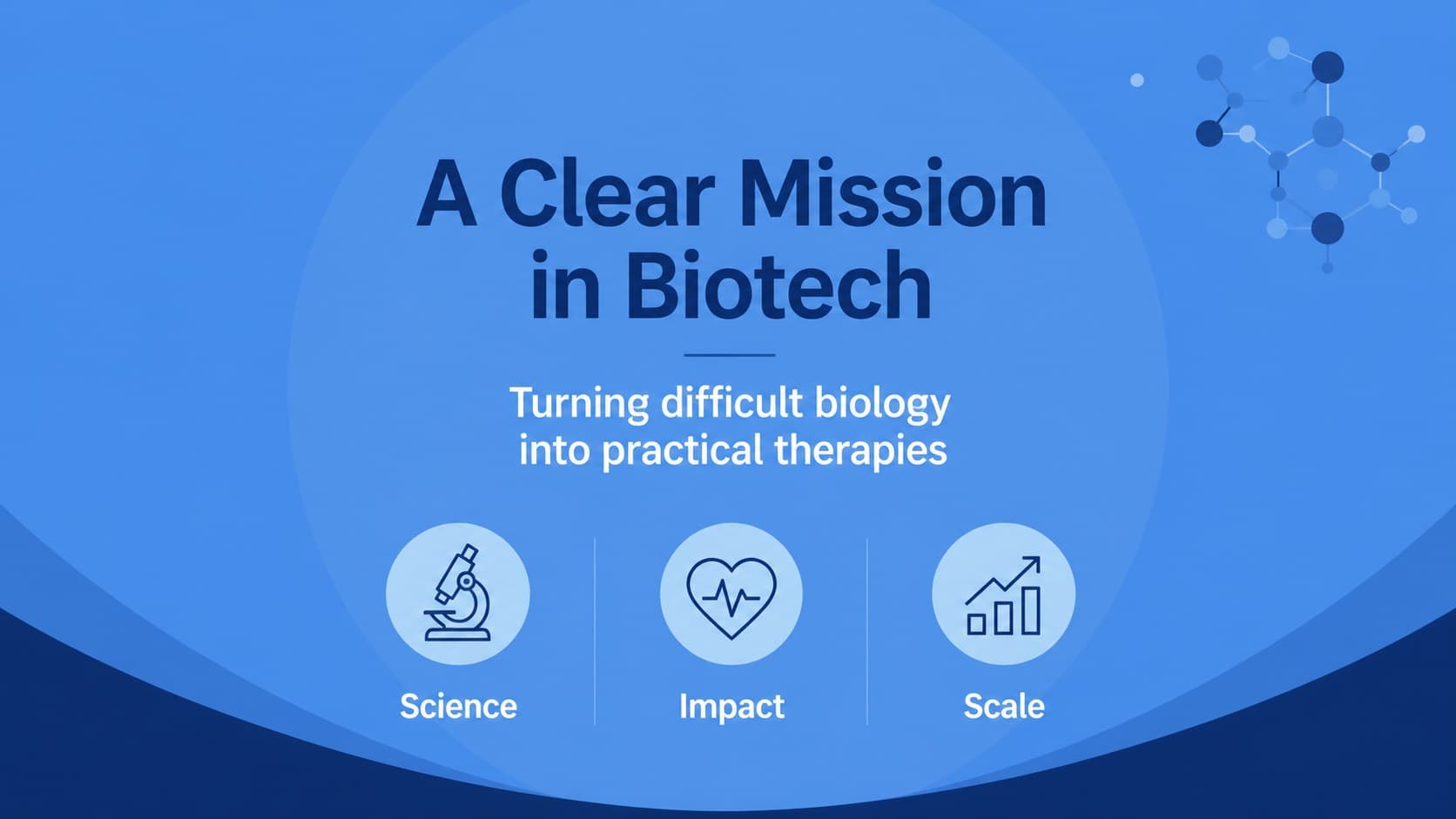 Biotech investor presentation slide introducing the company mission with a concise statement and molecular visual.