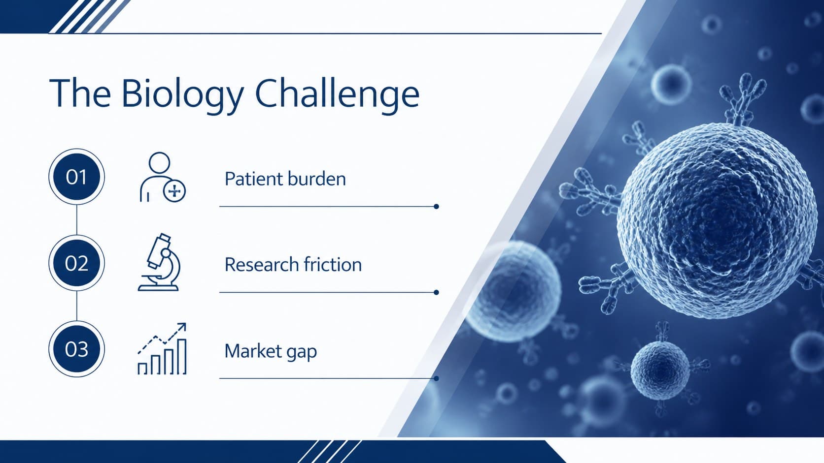 Life science startup pitch presentation slide explaining the biological challenge with a structured problem overview.