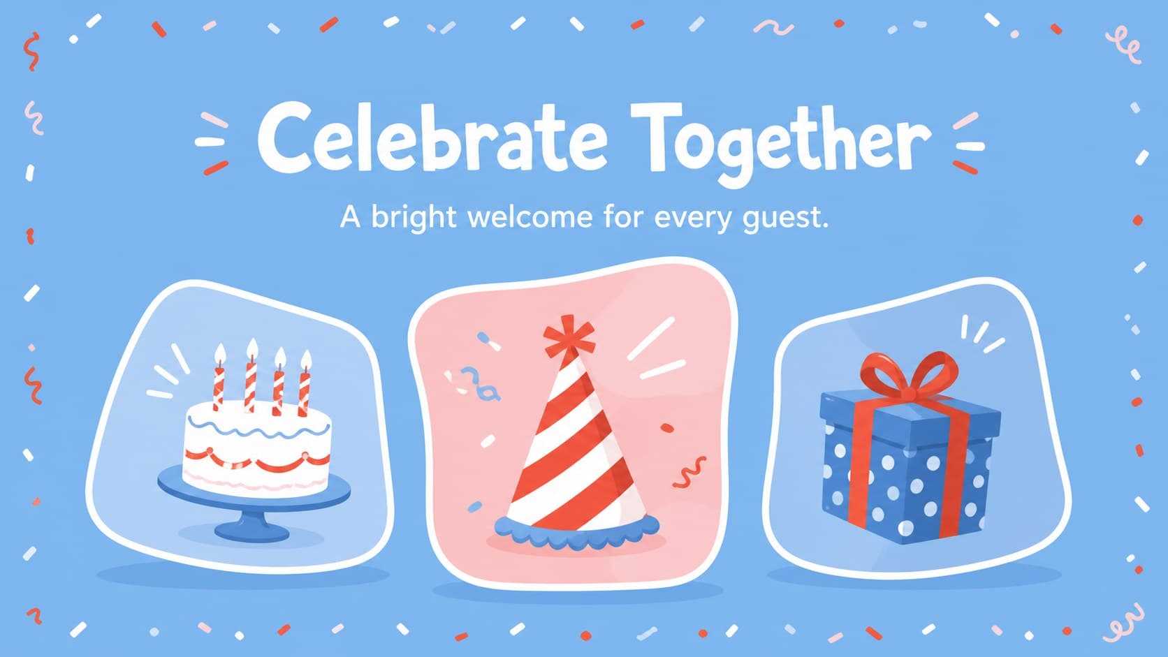 Birthday invitation slideshow template introduction with a cheerful illustrated party scene.