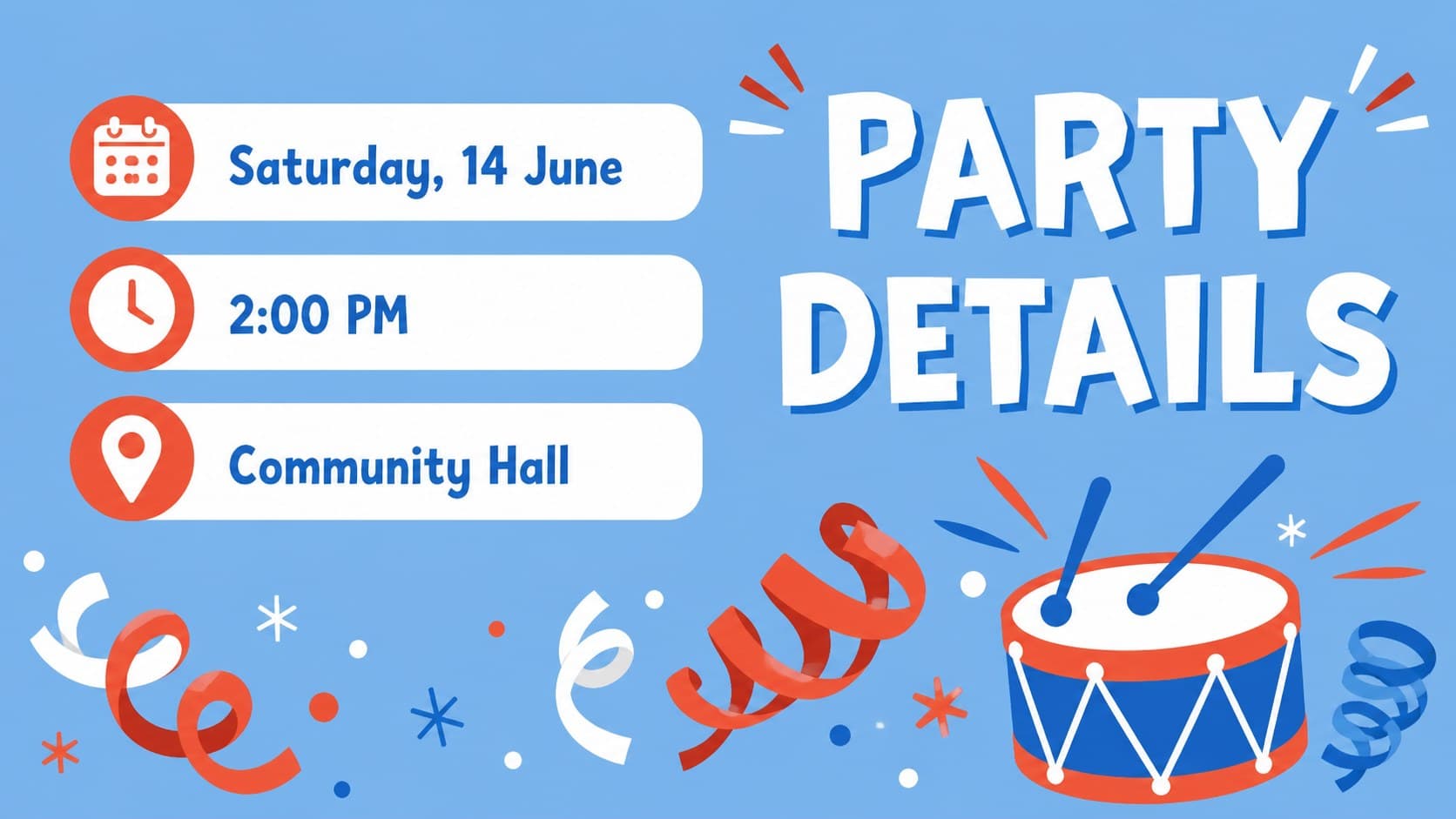 Children's party announcement slides showing event details in an illustrated blue and red layout.