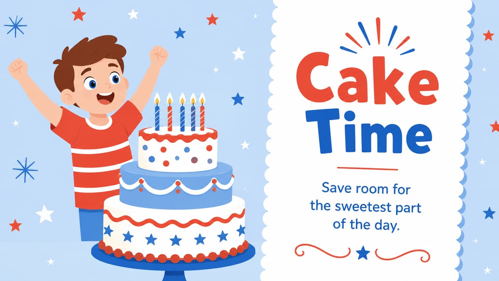 Playful party presentation theme with a large birthday cake illustration and short celebration copy.