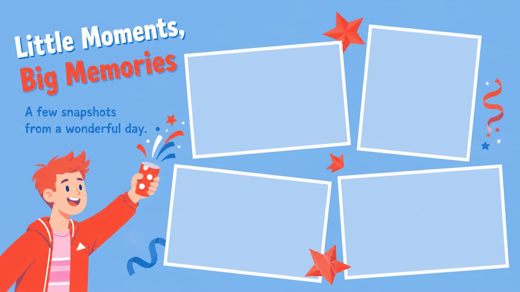 Birthday photo recap slides with a four-image collage and bright illustrated decorations.