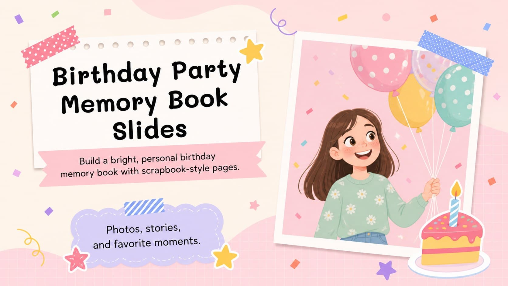 Pastel scrapbook cover introducing birthday party memory book slides with playful birthday decorations.