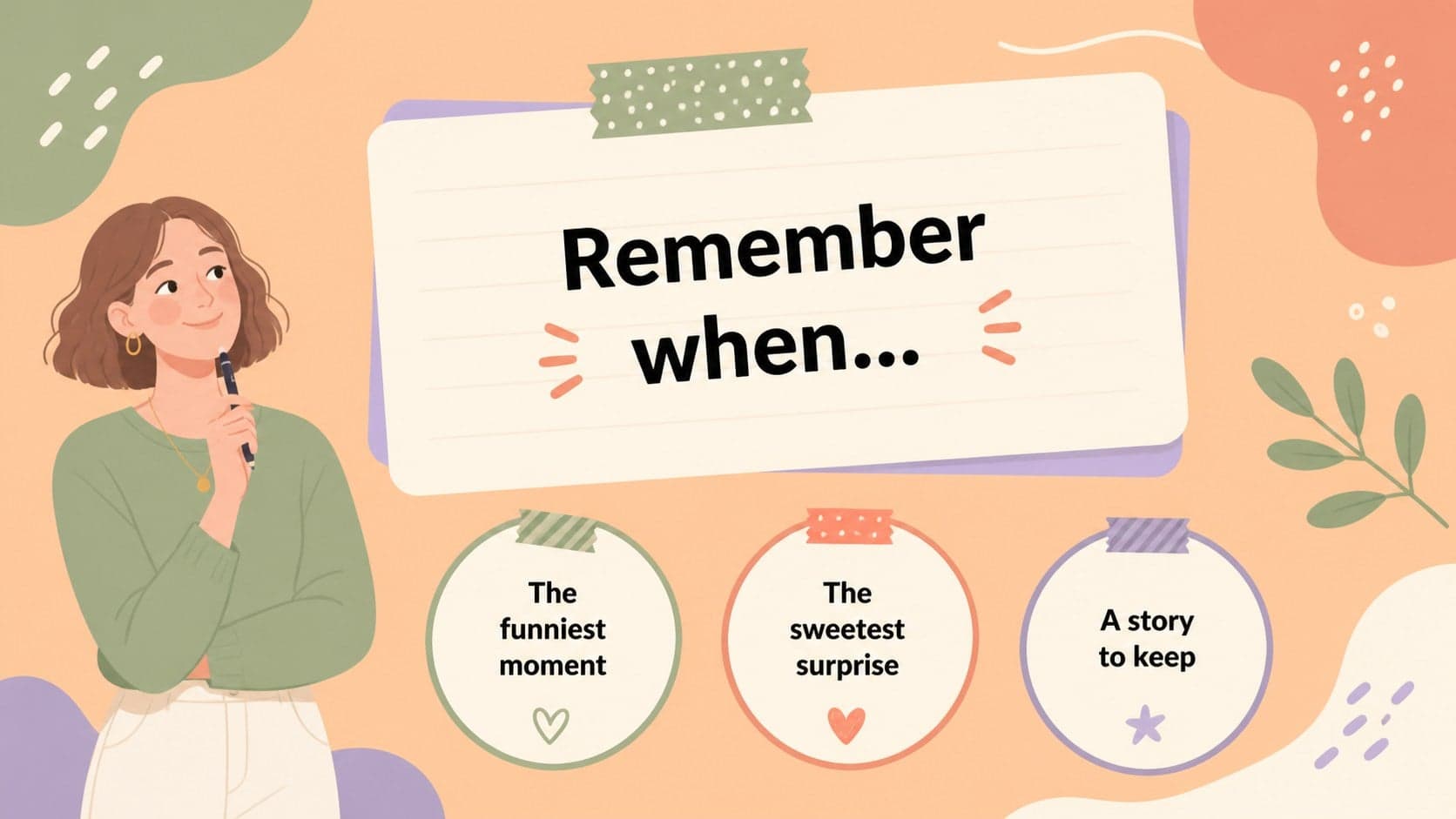 Birthday memory prompt slide with colorful cards and scrapbook decorations.
