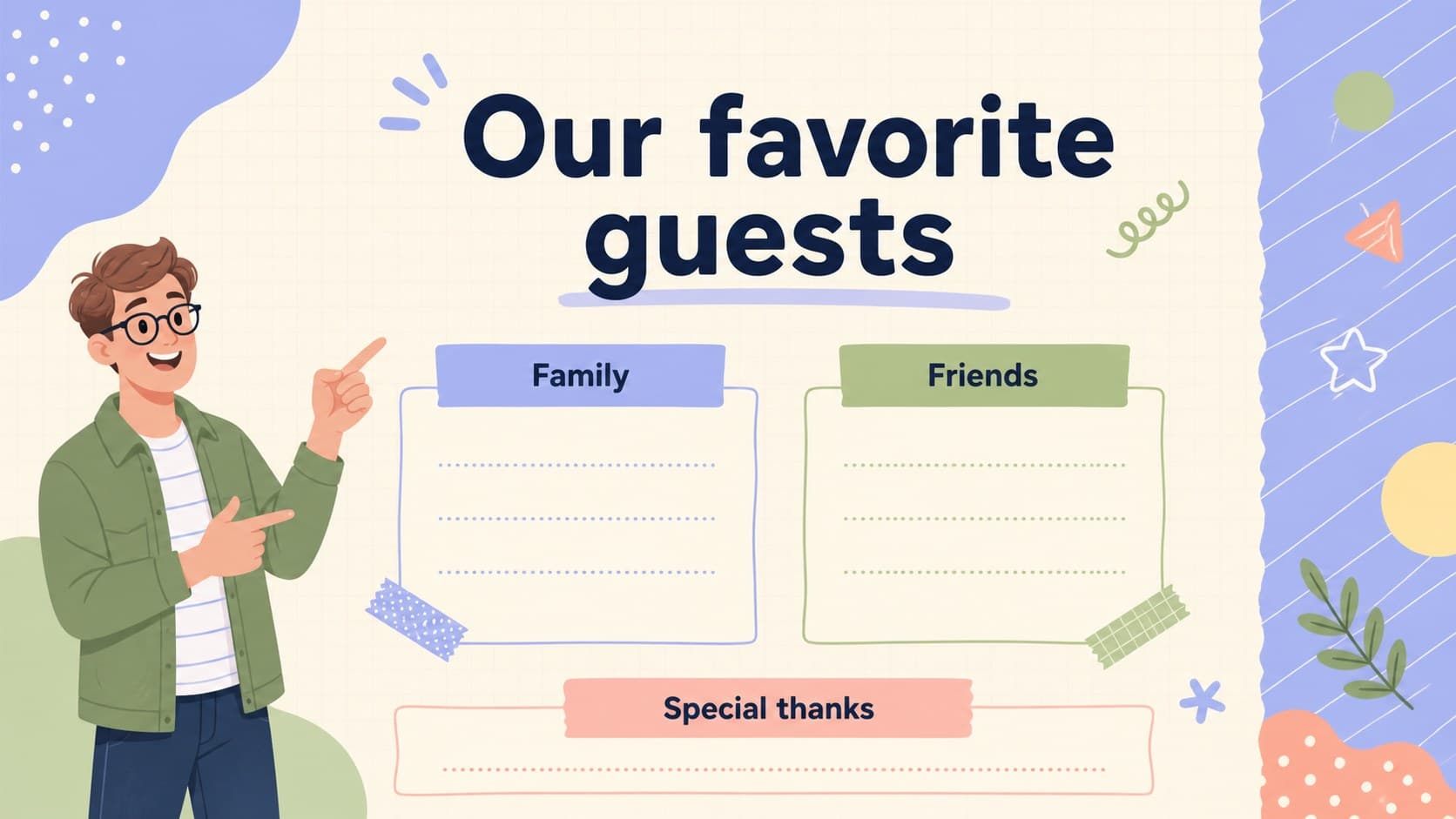 Guest list layout for organizing names in a pastel birthday party memory book.