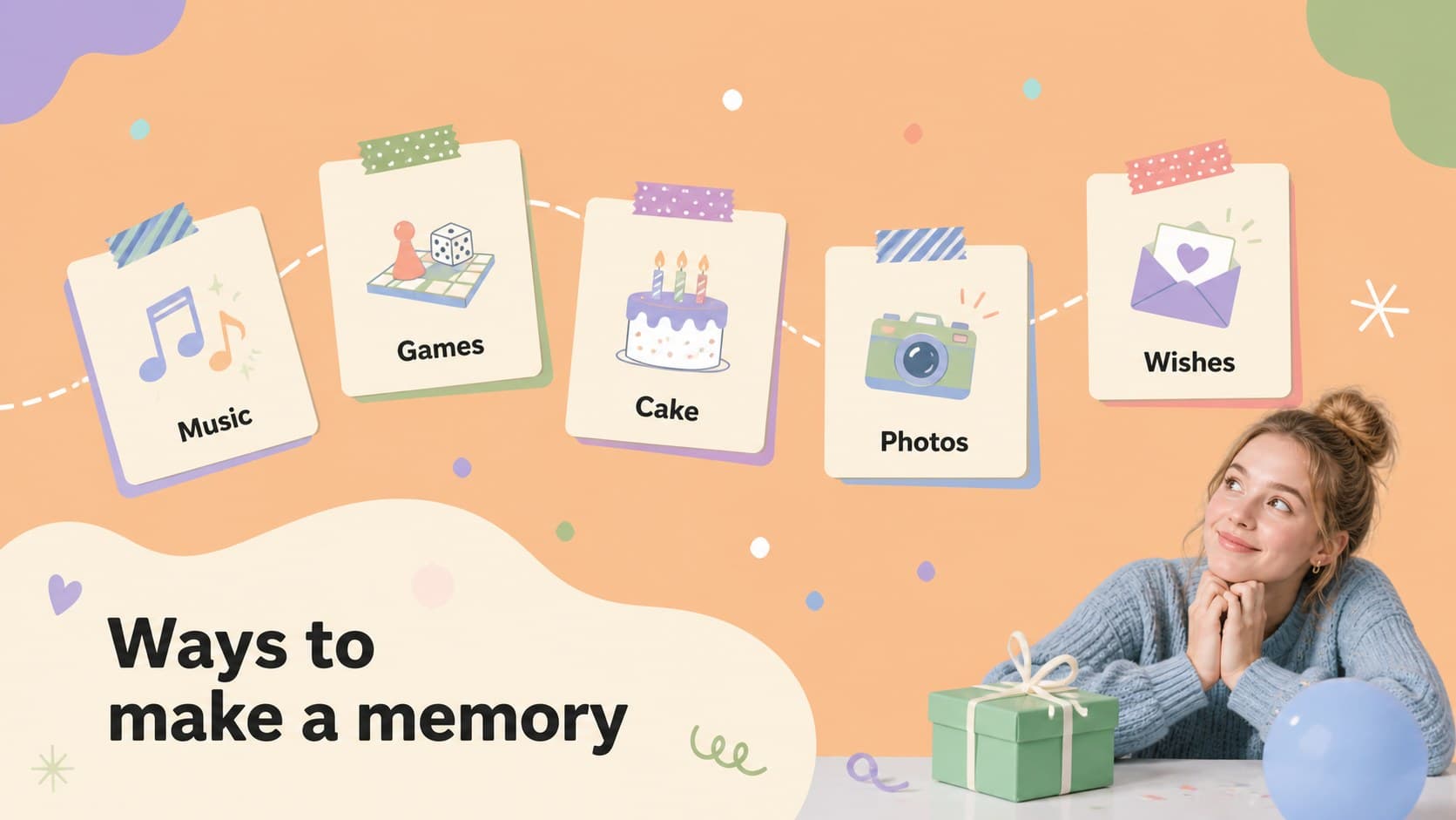 Birthday activity ideas slide with colorful illustrated cards for party planning.