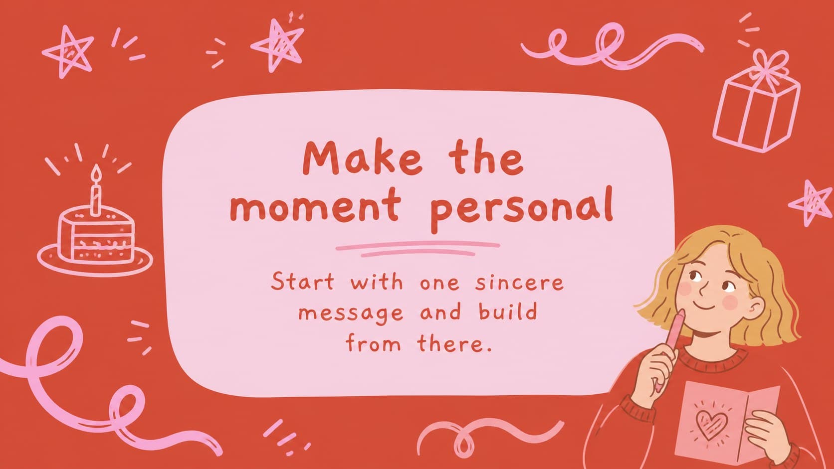 Birthday greeting introduction slide with an editable message area and lively pink and red decorative shapes.